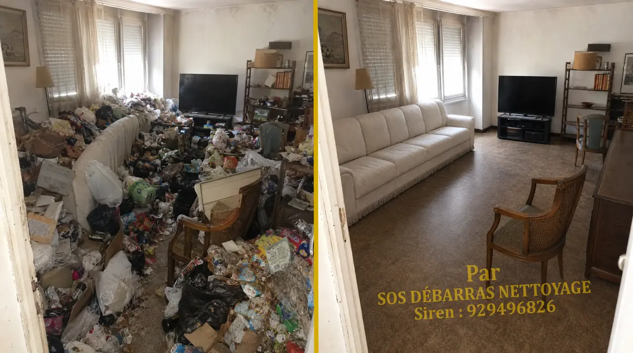 Débarras et nettoyage d’un salon en situation de syndrome de Diogène, avant / après à Paris