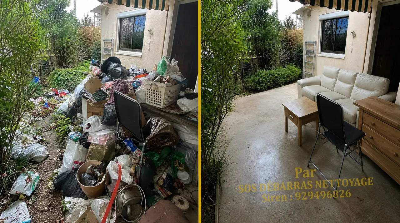 Débarras d’une terrasse extérieure envahie de déchets, avant / après en Île-de-France