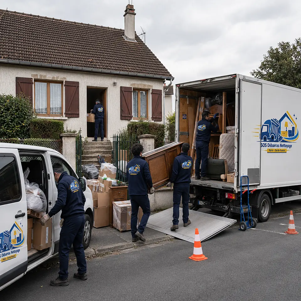 Équipe de cinq personnes en tenue SOS Débarras Nettoyage vidant un pavillon d’Île-de-France, meubles et cartons chargés dans un camion et un fourgon garés devant la maison