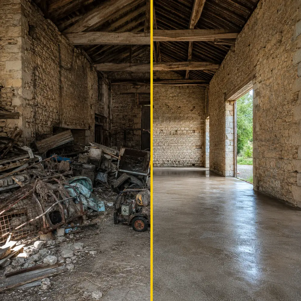 Débarras d’une maison encombrée en Seine-et-Marne (77), vidée et nettoyée, avant / après