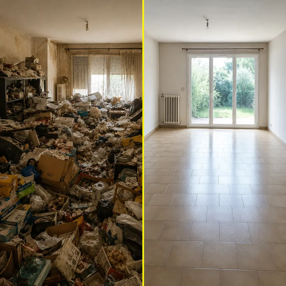 Débarras d’un pavillon en accumulation extrême dans le Val-de-Marne (94), vidé et nettoyé, avant / après