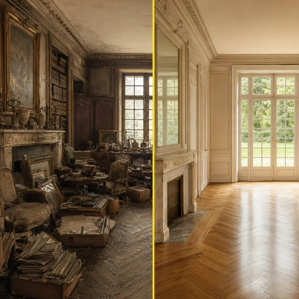 Débarras d’une maison encombrée dans les Yvelines (78), vidée et nettoyée, avant / après